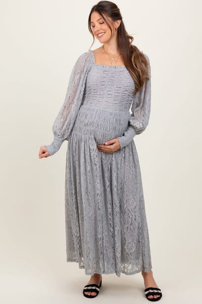 PinkBlush Heather Grey Lace Smocked Bubble Sleeve Maternity Maxi Dress