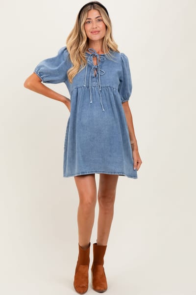 PinkBlush Blue Chambray Double Front Tie Maternity Dress