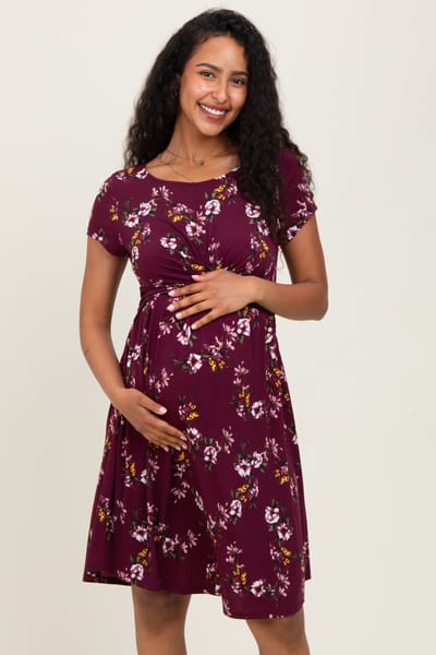 West K Burgundy Floral Crossover Front Maternity Dress