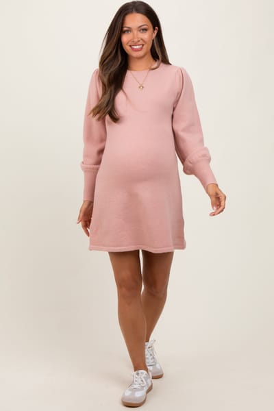 AnnieWear Pink Knit Bubble Sleeve Maternity Mini Dress