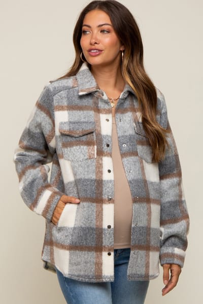 PinkBlush Grey Plaid Fleece Maternity Shirt Jacket