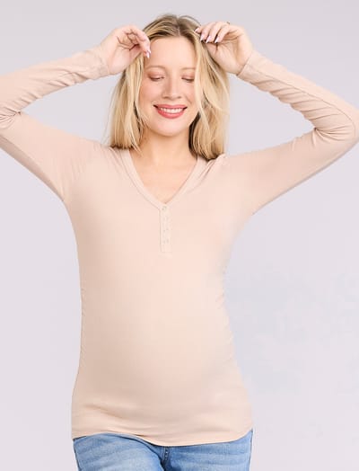 Motherhood Maternity Side Ruched Long Sleeve Henley Maternity Rib Tee