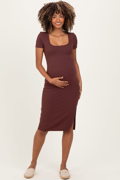 PinkBlush Brown Square Neck Side Slit Maternity Midi Dress