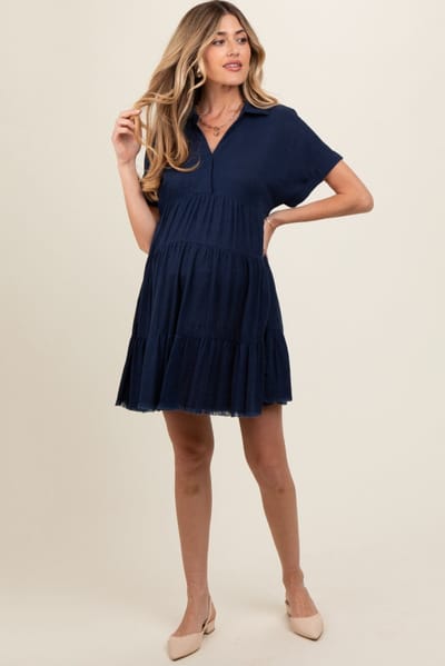 Umgee Navy Tiered Linen Maternity Dress