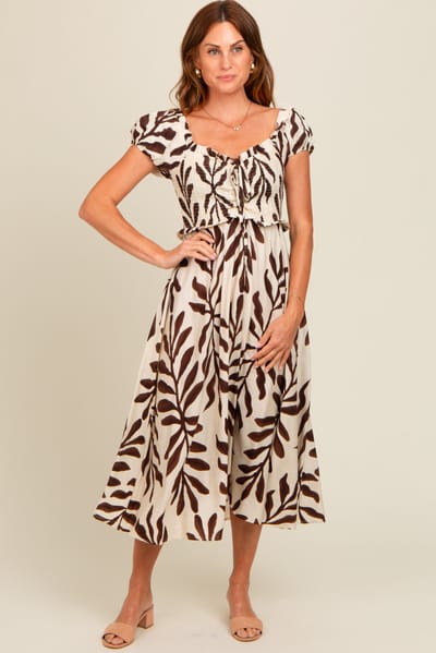 Million Colors Brown Leaf Print Off Shoulder Smocked Midi Dress