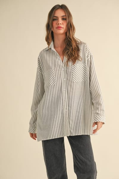 MIOU MUSE Olive Striped Double Pocket Button Down Top