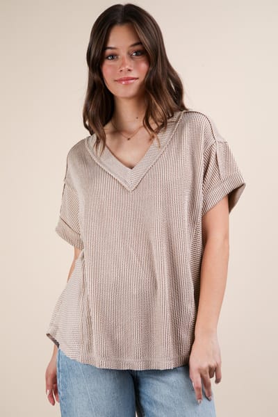 Very J Beige Ribbed Raw Hem Short Sleeve Top