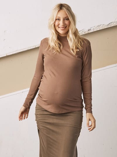 Angel Maternity Winter Basic- Ribbed Turtle Neck Maternity Top in Latte