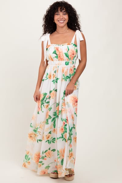 Flying Tomato Peach Tropical Floral Shoulder Tie Maxi Dress