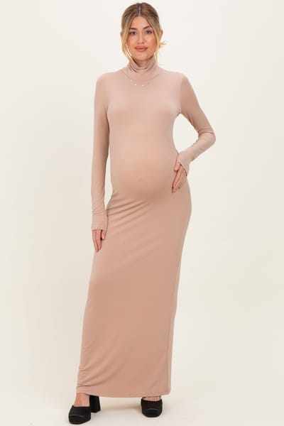 PinkBlush Beige Turtleneck Long Sleeve Maternity Maxi Dress