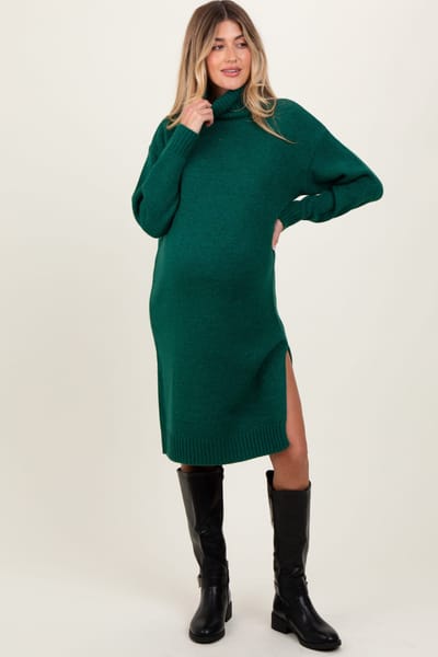 PinkBlush Forest Green Turtleneck Side Slit Maternity Midi Sweater Dress