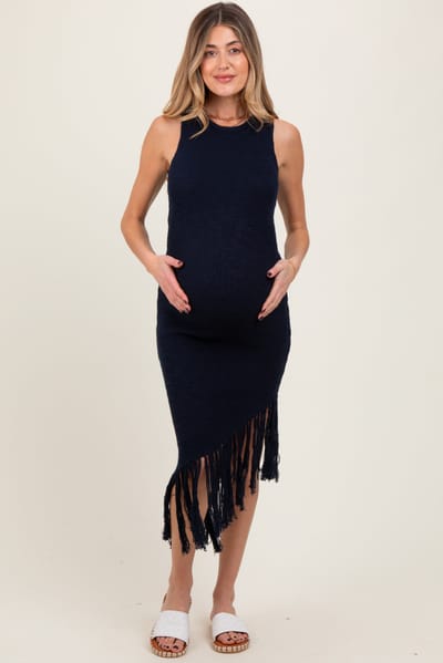 PinkBlush Navy Ribbed Knit Fringe Asymmetrical Hem Maternity Dress