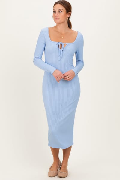 Rhea + Thea Light Blue Ribbed Long Sleeve Squareneck Fitted Midi Dress