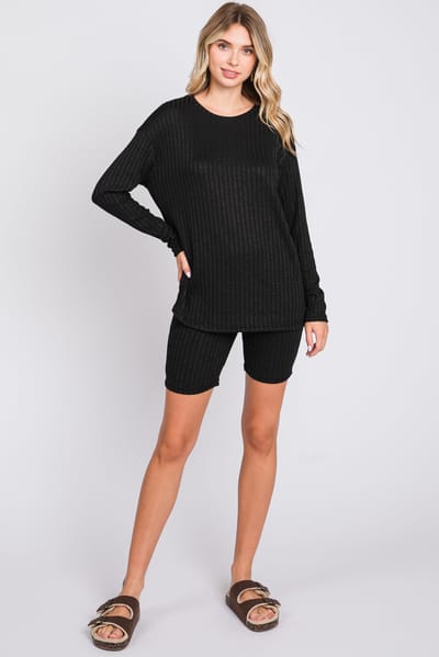 Charmo Black Ribbed Long Sleeve Shorts Set