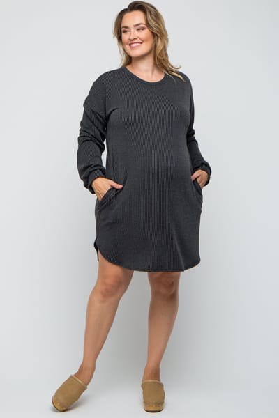 Heimish Charcoal Rib Knit Long Sleeve Maternity Plus Dress
