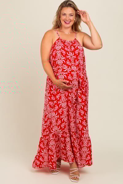 PinkBlush Red Floral Self Tie Sleeveless Maternity Dress