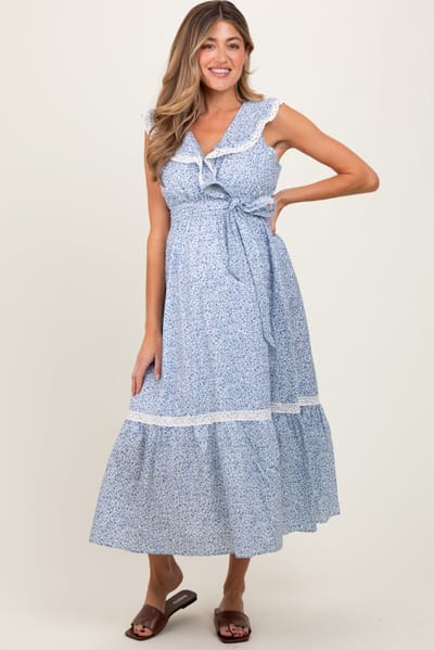 PinkBlush Light Blue Ruffled Floral Cotton Maternity Maxi Dress