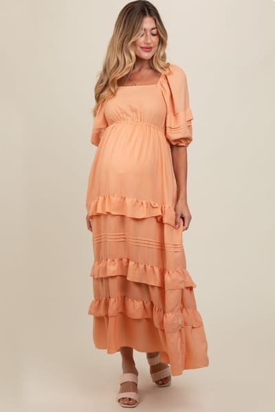 Polagram Peach Ruffle Tiered Maternity Maxi Dress