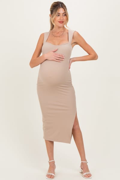 Shop Iris Basic Light Taupe Cutout Fitted Maternity Midi Dress