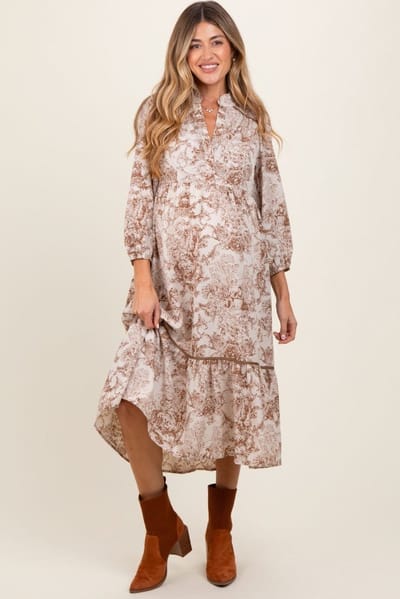 PinkBlush Brown Printed Split Ruffle Collar Maternity Midi Dress