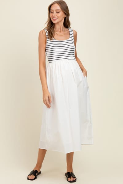 Hem & Thread White Striped Contrast Sleeveless Maternity Midi Dress