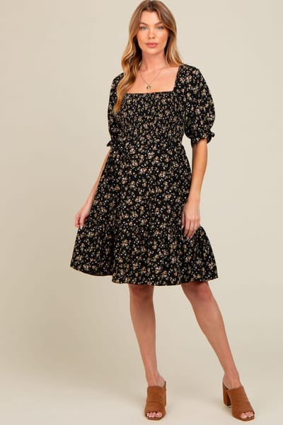 PinkBlush Black Floral Smocked Puff Sleeve Maternity Dress