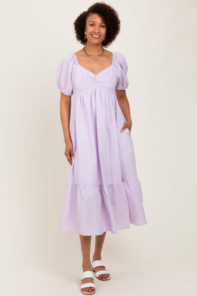 In February Lavender Sweetheart Stripe Smocked Back Midi Dress