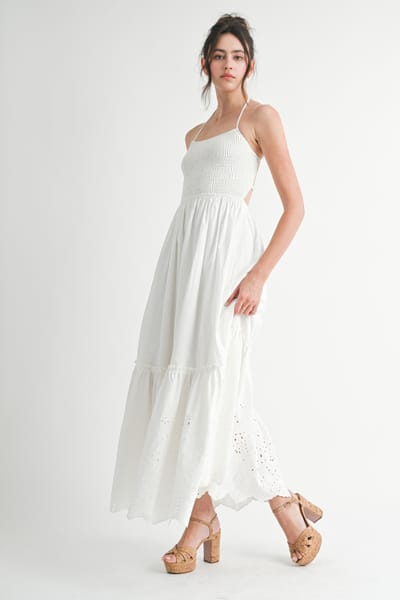 Mable White Smocked Open Back Lace Hem Maxi Dress