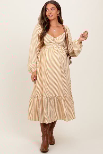 In February Yellow Striped Ruched Bodice Balloon Sleeved Maternity Midi Dress