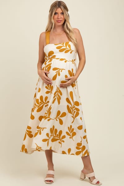 PinkBlush Yellow Leaf Print Tie Back Cutout Maternity Midi Dress