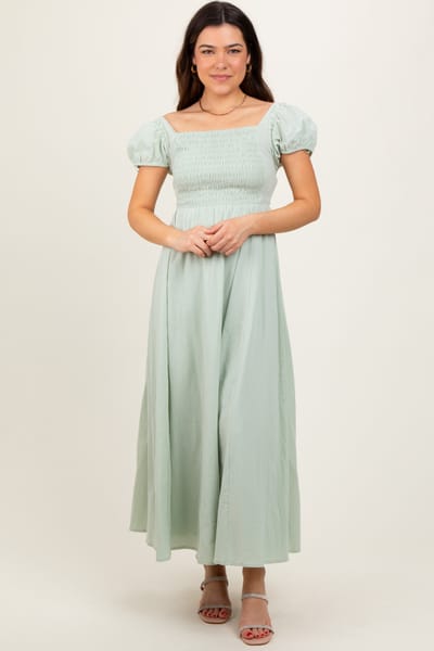 Klesis Mint Square Neck Smocked Top Criss Cross Back Tie Maxi Dress