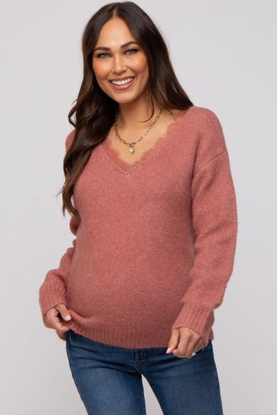 Hem & Thread Mauve Soft Knit Lace Trim Maternity Sweater
