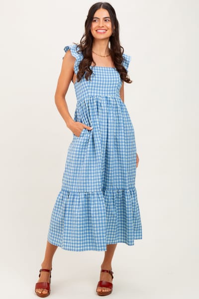 Elloh Blue Gingham Ruffle Strap Midi Dress