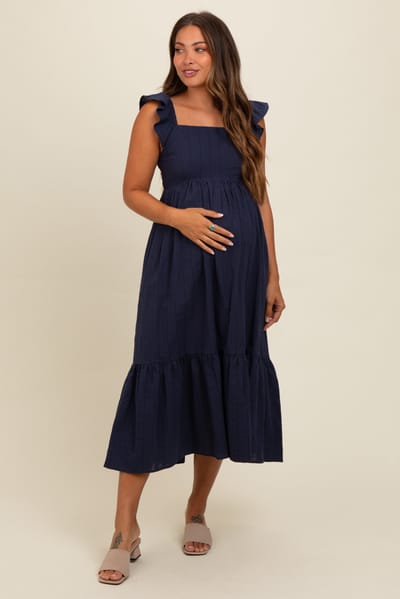 Elloh Navy Blue Textured Cotton Ruffle Strap Maternity Midi Dress