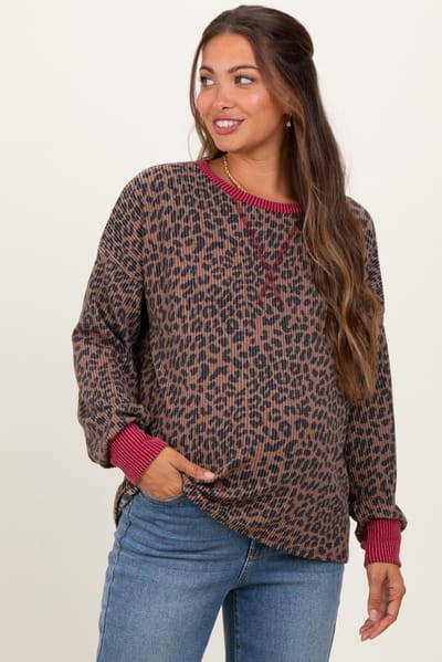 PinkBlush Brown Ribbed Animal Print Contrast Trim Maternity Pullover