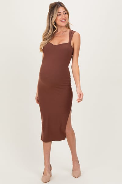 Shop Iris Basic Brown Cutout Fitted Maternity Midi Dress