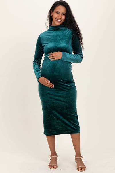 PinkBlush Forest Green Glitter Velvet Ruched Maternity Midi Dress