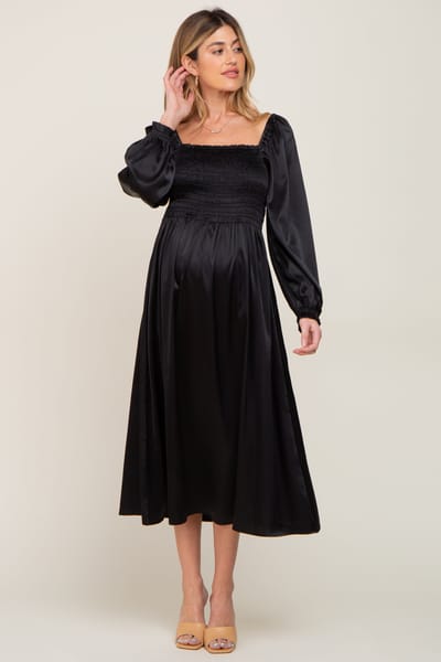 Elloh Black Smocked Square Neck Satin Maternity Midi Dress