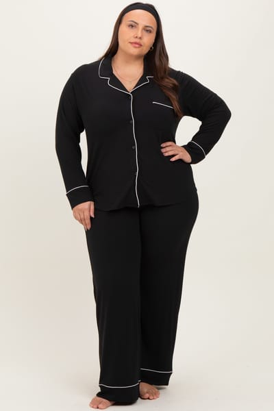 Zenana Outfitters Black Button Down Top Wide Leg Pant Plus Pajama Set
