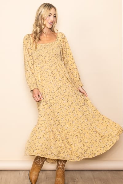 Elloh Yellow Floral Smocked Long Sleeve Maxi Dress