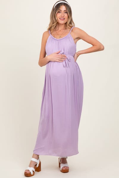 Naked Zebra Lavender Braided Neckline Maternity Maxi Dress