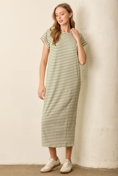 Polagram Olive Striped Midi T-Shirt Dress