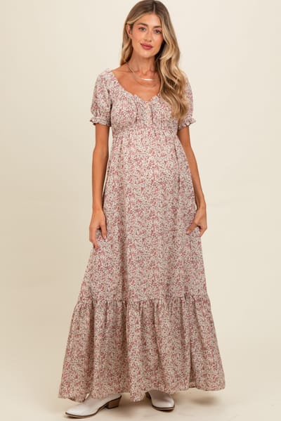Elloh Cream Floral Button Accent Maternity Maxi Dress