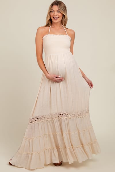 PinkBlush Cream Smocked Open Back Maternity Maxi Dress