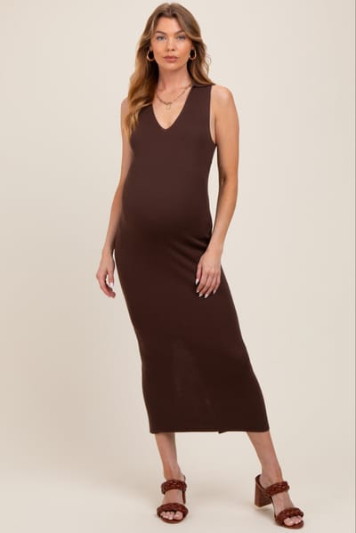 Dress Forum Brown Knit Collared Deep V-Neck Maternity Maxi Dress