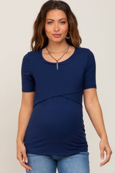 Hello Miz Navy Blue Ribbed Wrap Front Maternity/Nursing Top