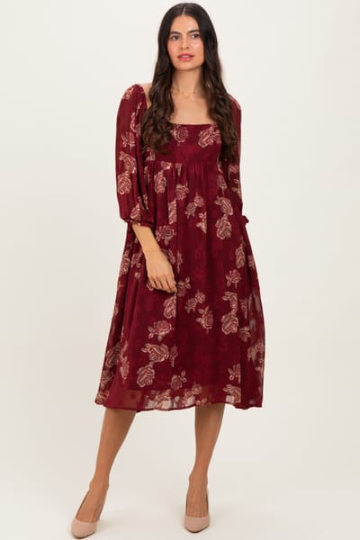 Sweet Lemon Burgundy Floral Textured Midi Dress