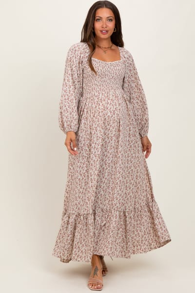 Elloh Pink Floral Smocked Lace Trim Sweetheart Maternity Maxi Dress