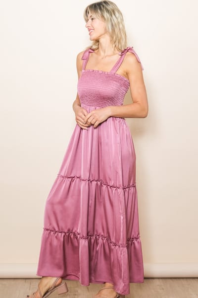 Elloh Pink Satin Smocked Maxi Dress
