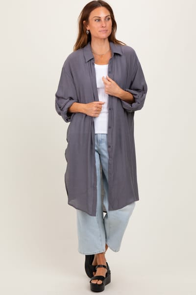 Bluivy Charcoal Button Front Side Slit Oversized Blouse